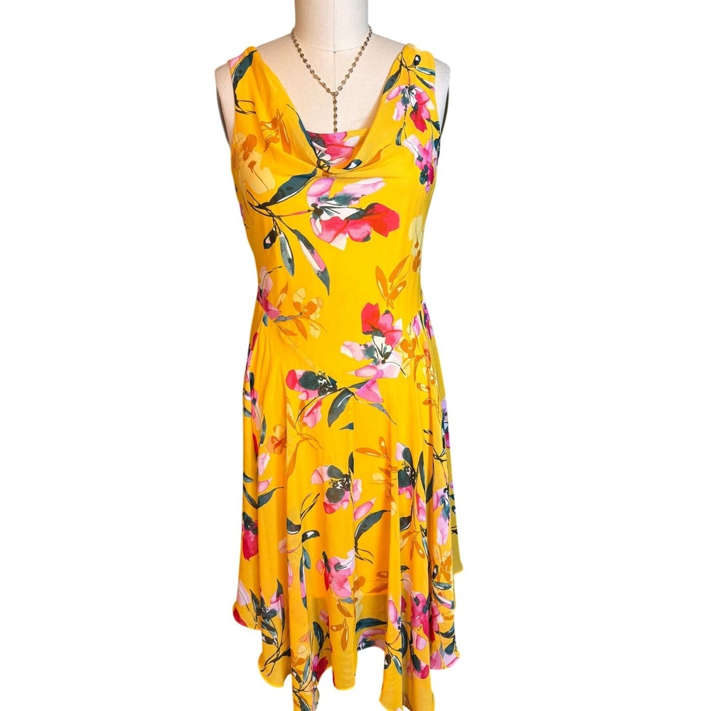 Connected Apparel Floral Midi Dress Womens 8 Yellow Excellent Handkerchief Hem